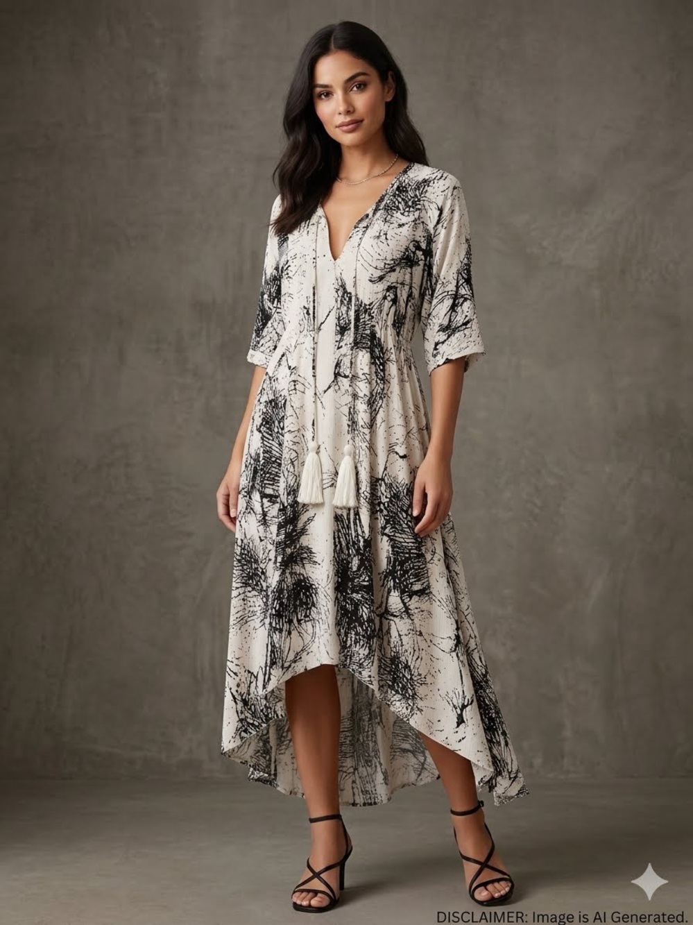 En Creme Boho Abstract Black Cream High Low Dress Size S